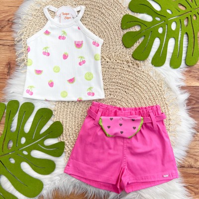 Conj. Regata Frutinhas e Short com Pochete de Melancia - Rosa 